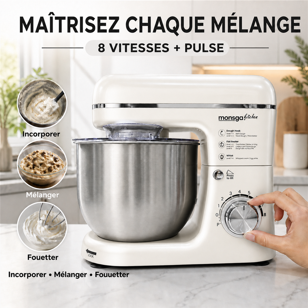 monsga SM100 Robot pâtissier, 1000 W, Blanc crème, Bol mélangeur en acier inoxydable 6,0 L, Silencieux, Avec fouet, Crochet à pétrir en Téflon super antiadhésif (Résistant à 260 °C), Batteur et pare-éclaboussures, 8 réglages de vitesse