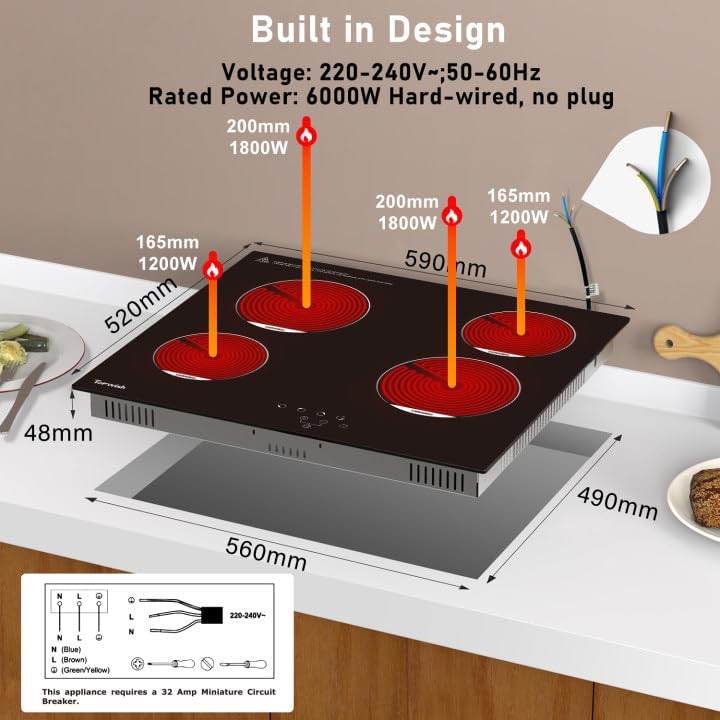 TOPWISH Plaque de cuisson vitrocéramique 4 foyers, Table de cuisson électrique encastrable, Commande tactile, Verrouillage sécurité enfant, Protection contre la surchauffe