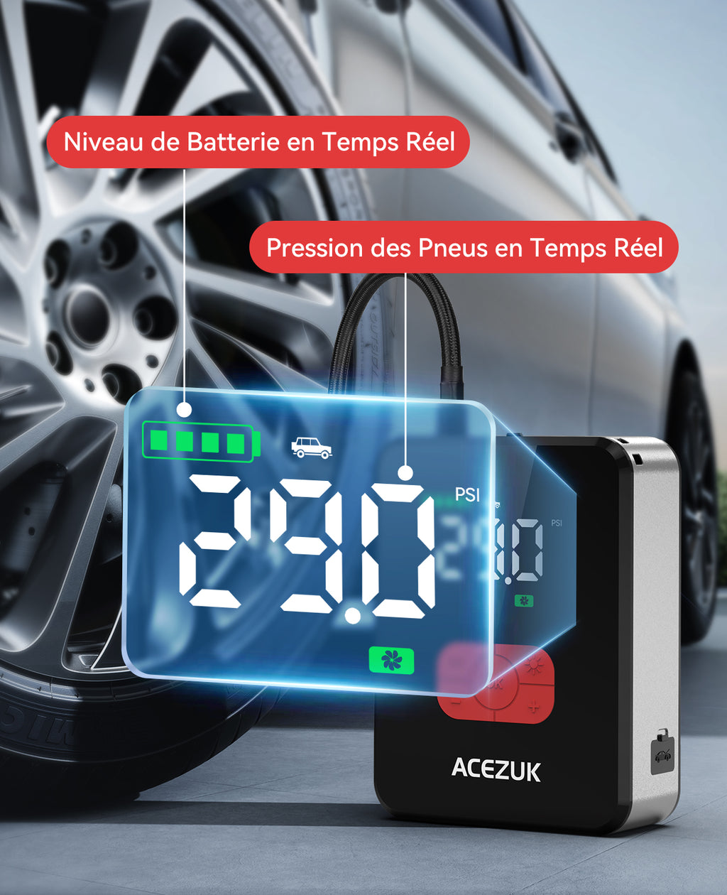 ACEZUK M06 Booster de batterie 7000 A avec batterie externe, pour voitures tout essence et diesel 12 L, avec compresseur d’air 150 PSI, 12 V, câbles de démarrage et éclairage LED