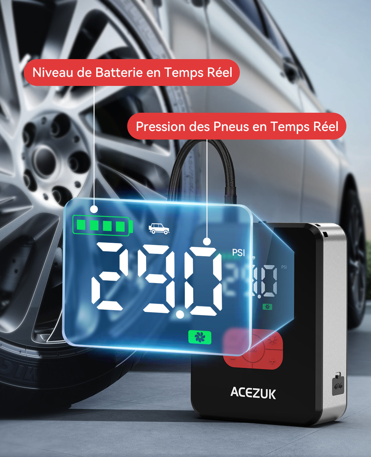 ACEZUK M06 Booster de batterie 7000 A avec batterie externe, pour voitures tout essence et diesel 12 L, avec compresseur d’air 150 PSI, 12 V, câbles de démarrage et éclairage LED