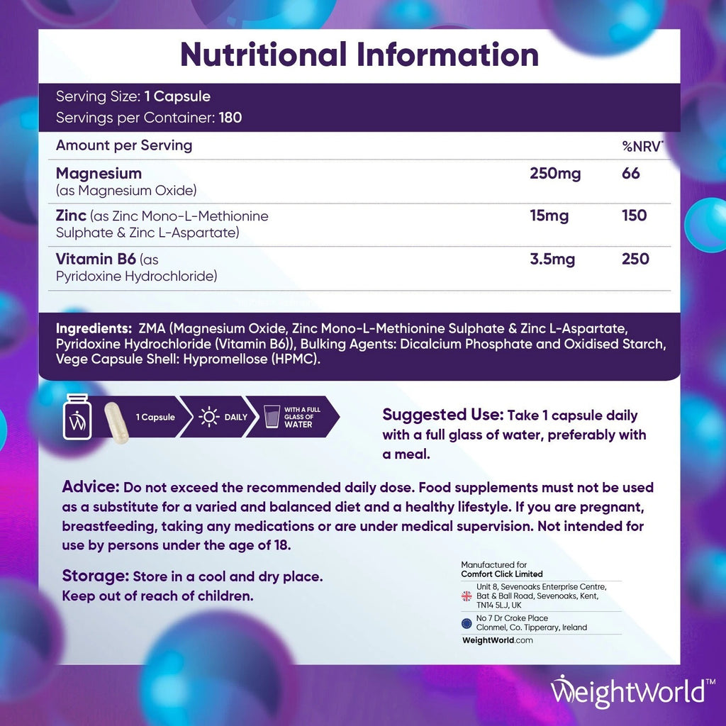 WeightWorld ZMA – Zinc, Magnésium & Vitamine B6 – 180 Capsules