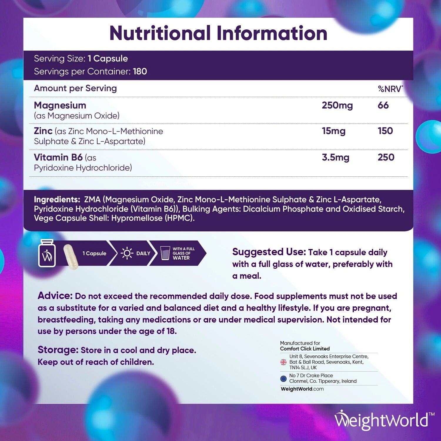 WeightWorld ZMA – Zinc, Magnésium & Vitamine B6 – 180 Capsules