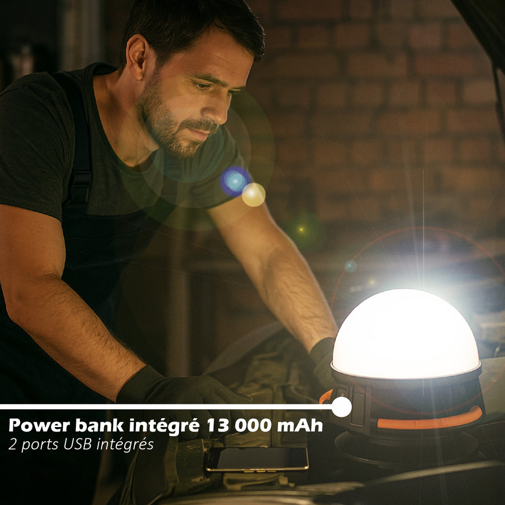 KYF Projecteur de chantier hybride 50 W 360 ° à pince, 5 500 lm, avec batterie externe