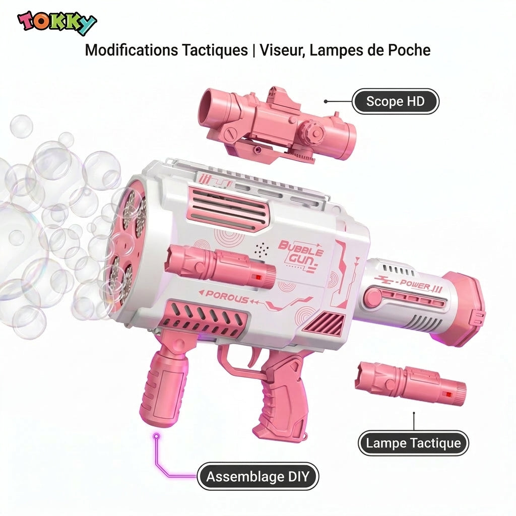 Pistolet à bulles Gatling rose Tokky, machine à bulles automatique à 48 trous avec lumières LED colorées, chargement USB et conception étanche à 360 degrés, jouet tactique pour filles