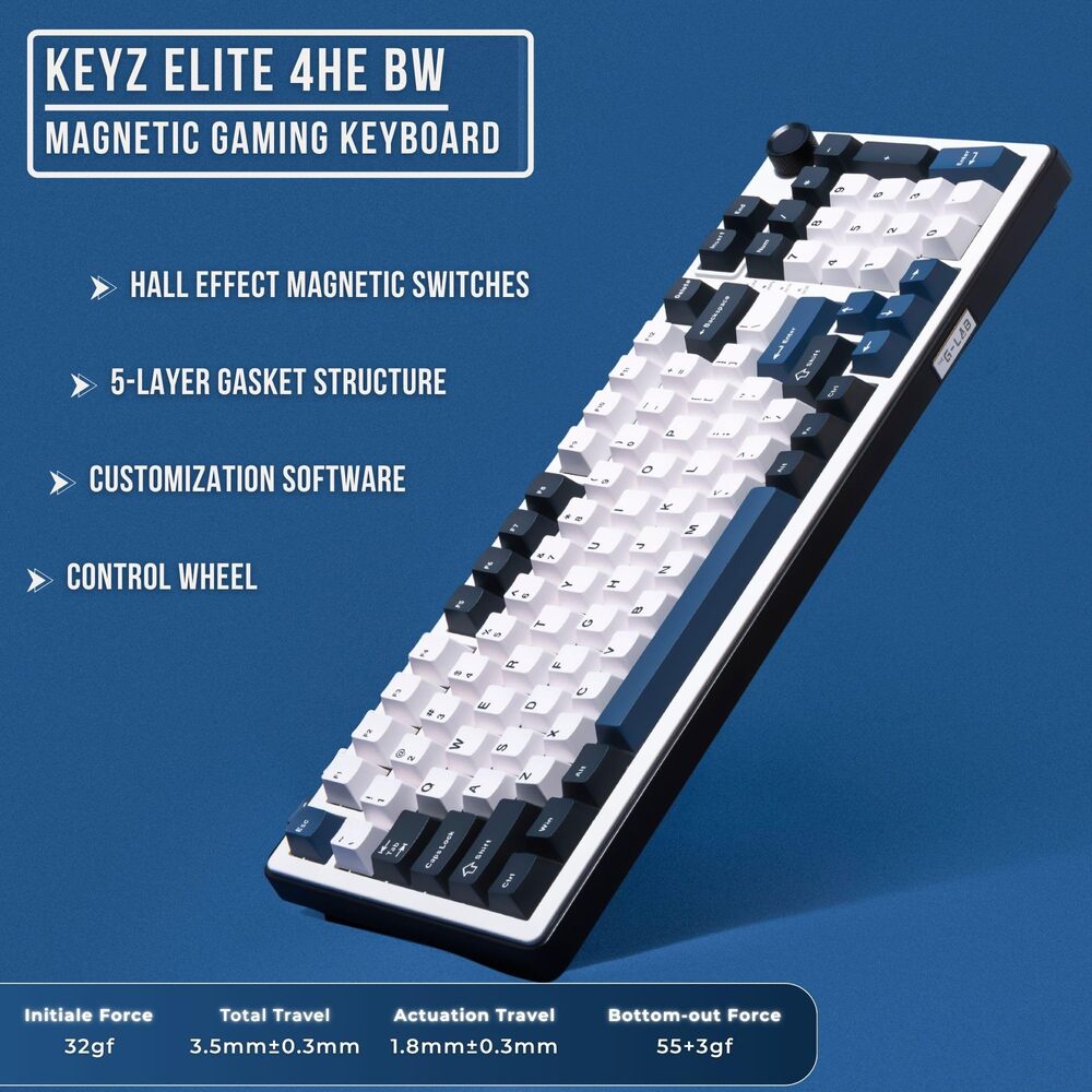 THE G-LAB KEYZ ELITE 400 HE Gaming Clavier Switch Magnétique Filaire RGB 96 % - QWERTY - Bleu/Blanc