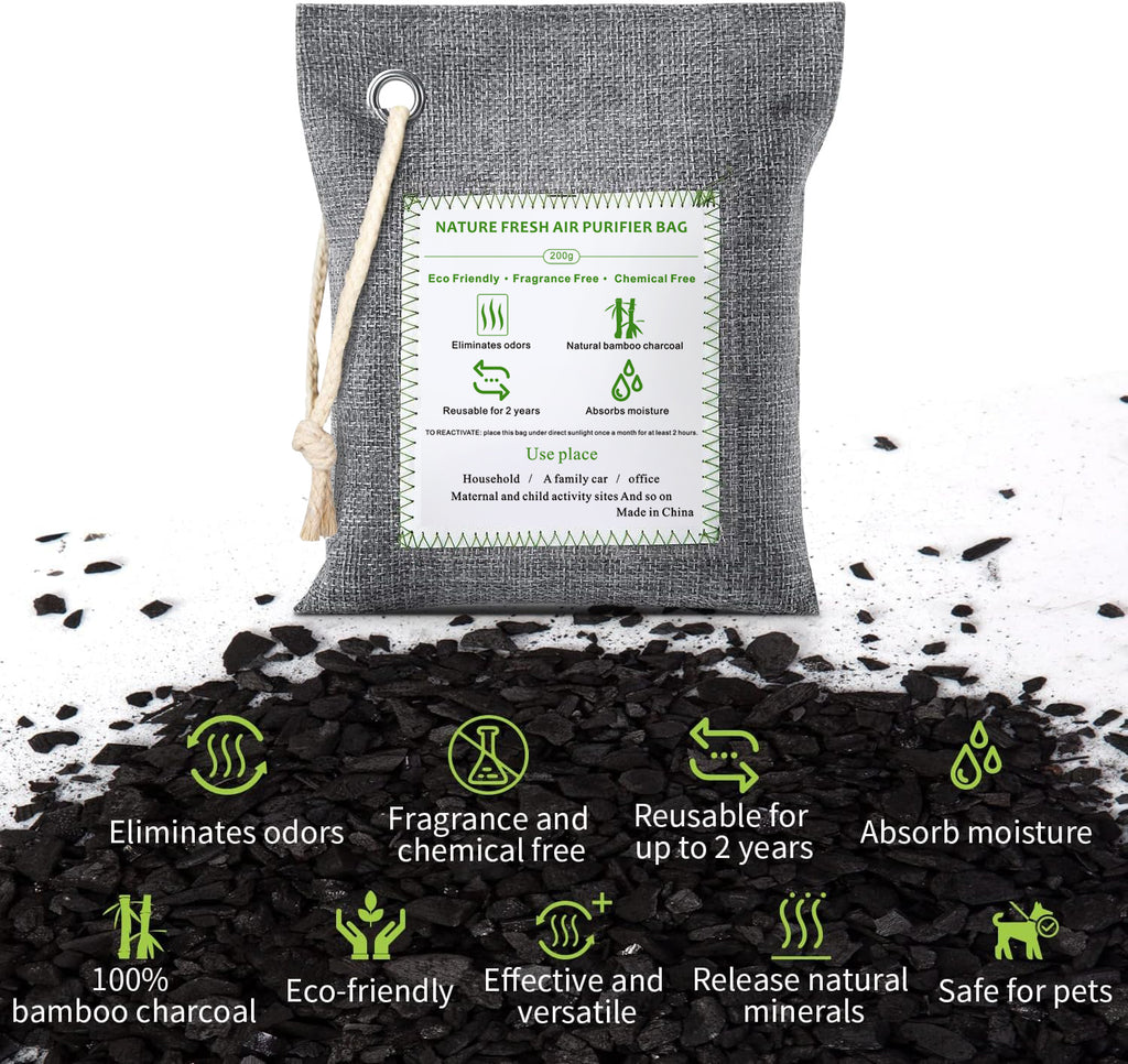 Zooly 6 x 50 g sacs de purification de l'air en bambou, sacs en charbon actif, absorbeur d'odeurs, absorbeur d'humidité, désodorisant d'auto naturel, désodorisant pour chaussures, éliminateurs d'odeurs pour la maison, pour animaux, pour placard