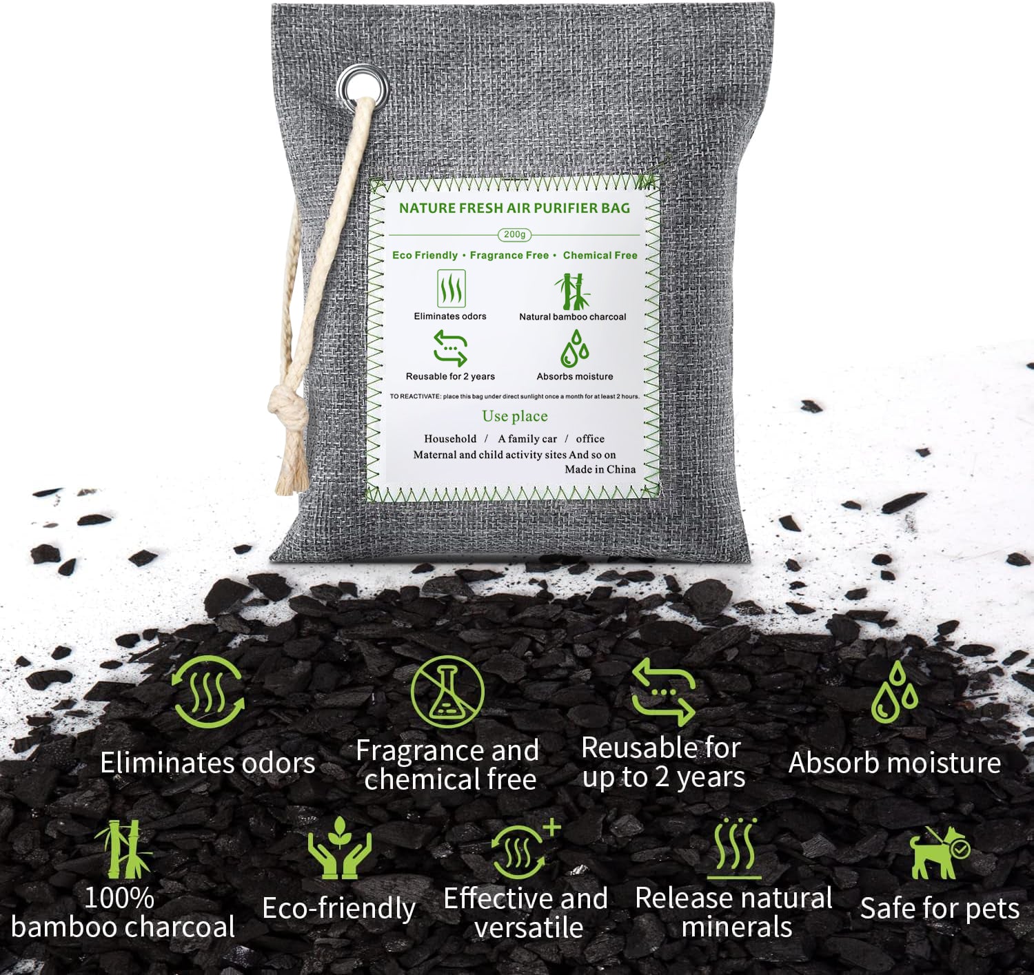 Zooly 6 x 50 g sacs de purification de l'air en bambou, sacs en charbon actif, absorbeur d'odeurs, absorbeur d'humidité, désodorisant d'auto naturel, désodorisant pour chaussures, éliminateurs d'odeurs pour la maison, pour animaux, pour placard