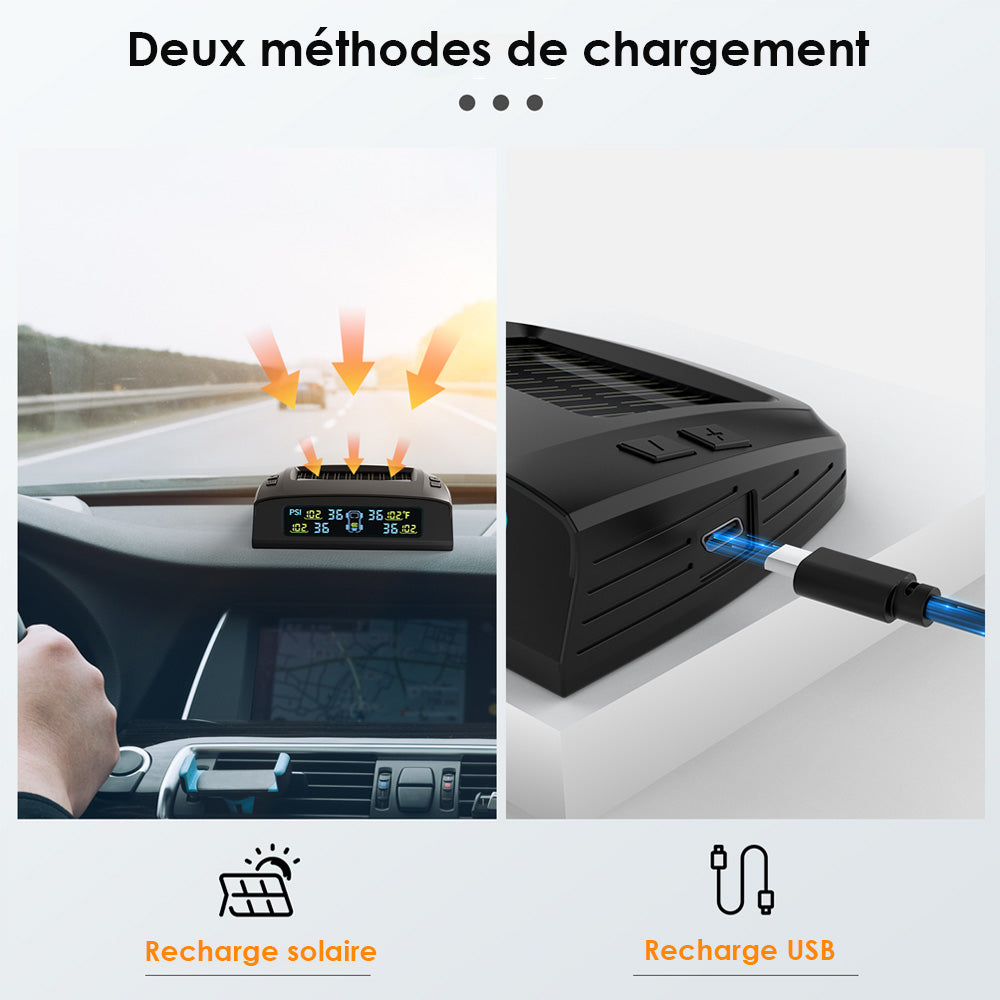 Tymate Système de surveillance de la pression des pneus pour camping-car, Moniteur solaire de pression des pneus avec 4 capteurs, 0 à 87 PSI, 6 modes d’alarme, Répéteur