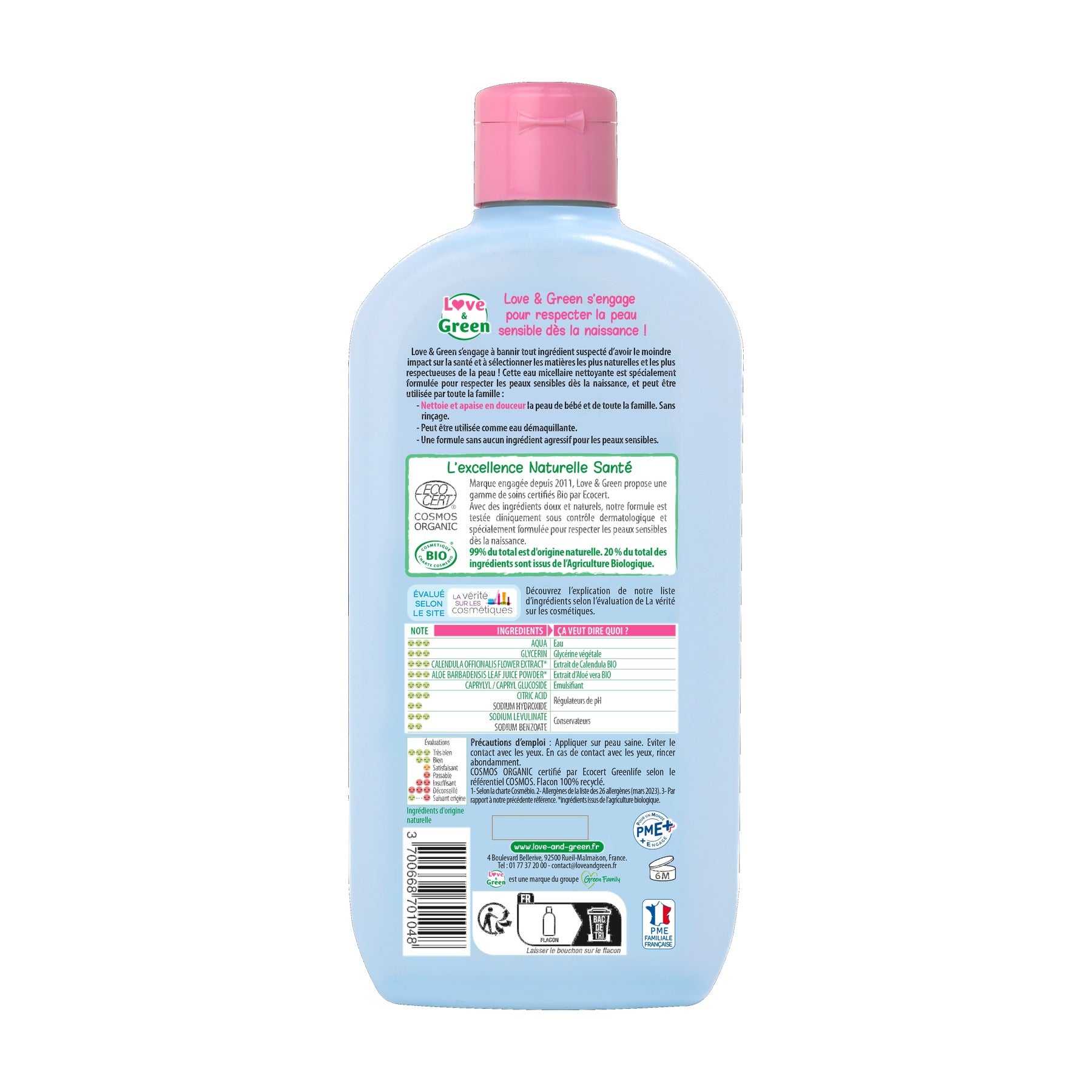 LOVE&GREEN Eau micellaire nettoyante sans parfum peaux sensibles et réactives bio 500ml
