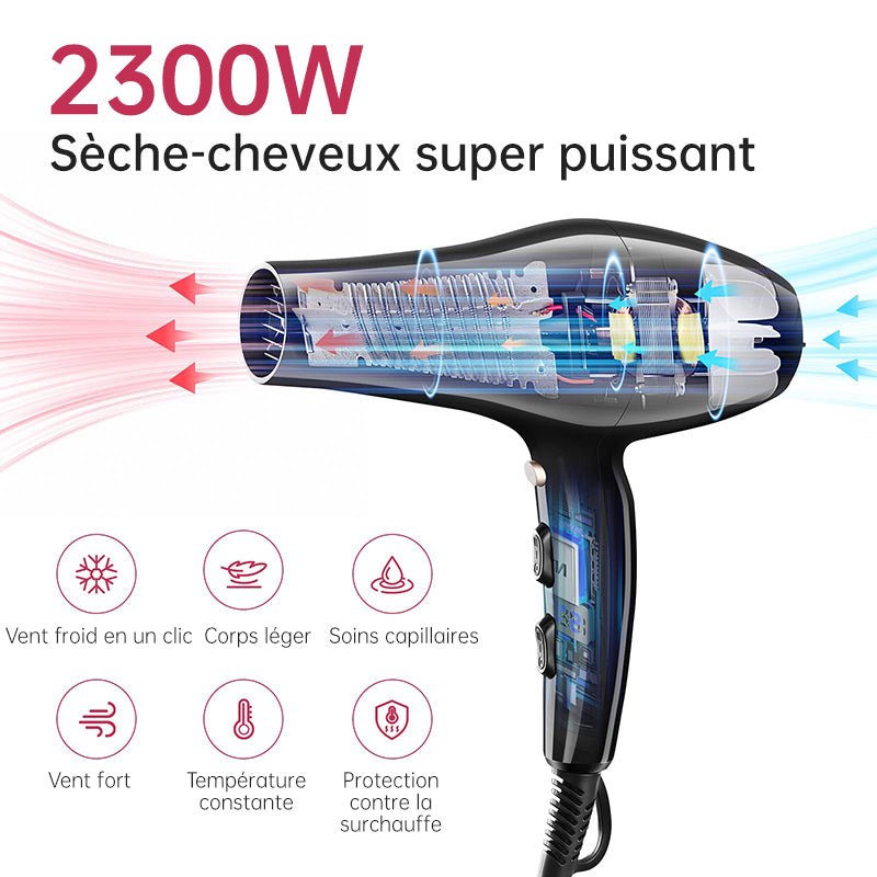 CONFU Sèche-cheveux haute vitesse 8926 Noir, 19 000 tr/min, puissance longue durée 2300 W, deux embouts d'air
