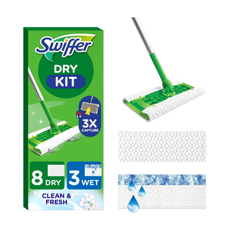 Swiffer Kit de Démarrage Nettoyant pour Sol avec 1 Manche, 8 Lingettes Sèches & 3 Lingettes Humides