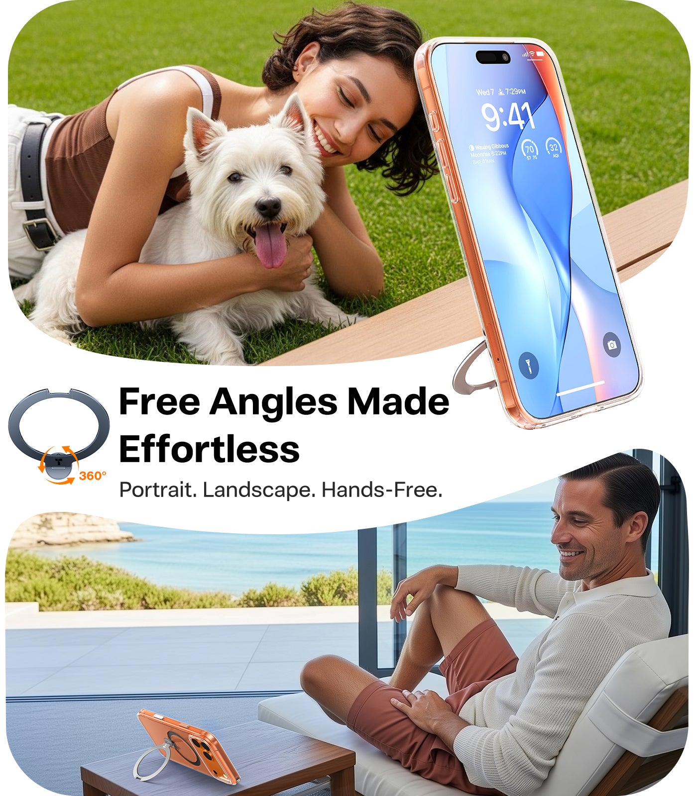 TORRAS Coque Série Ostand Spin pour iPhone 17 Pro , [Finition mate antidérapante et anti-traces de doigts] - Transparente