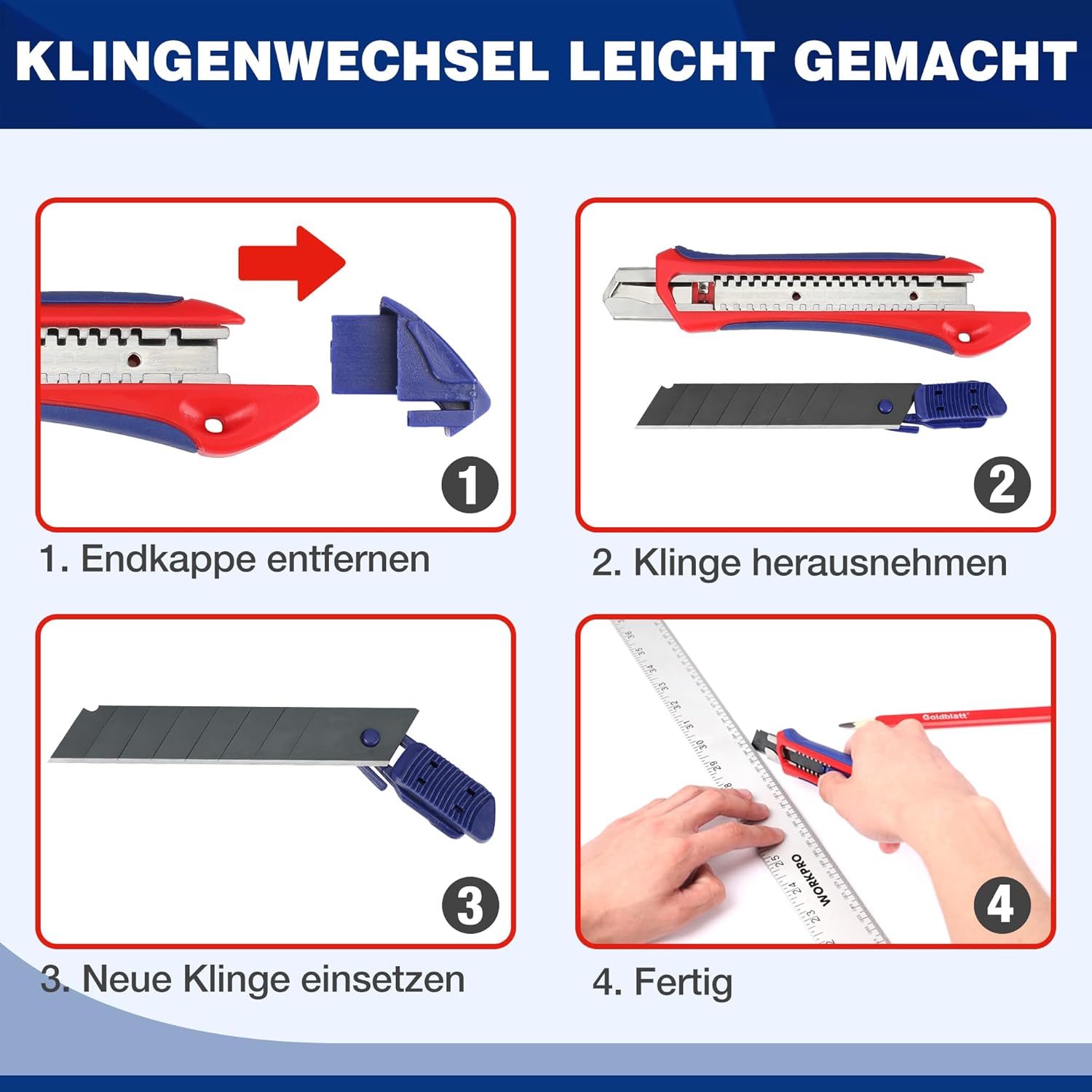 WORKPRO Lot de 3 cutters 18 mm avec 10 lames de rechange SK5, poignée en caoutchouc, lame sécable, pour carton et découpe multi-usage