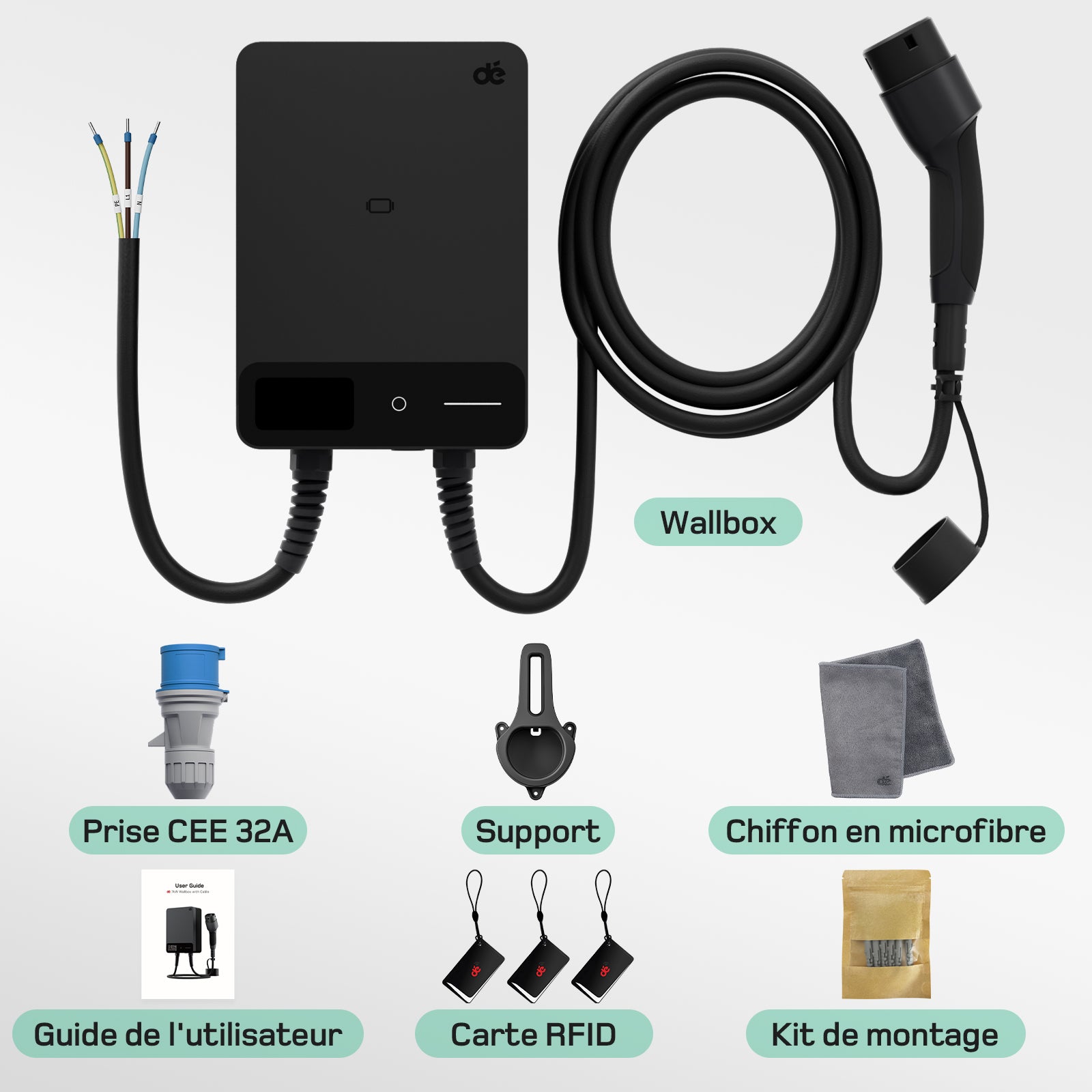 dé Borne de Recharge Véhicule Électrique 7,4 kW avec application et câble Type 2 de 7,5 m, Wallbox 7 kW Type 2 monophasé, IP54, RFID, 6-32 A (230 V), Démarrage différé 0,5-8 h
