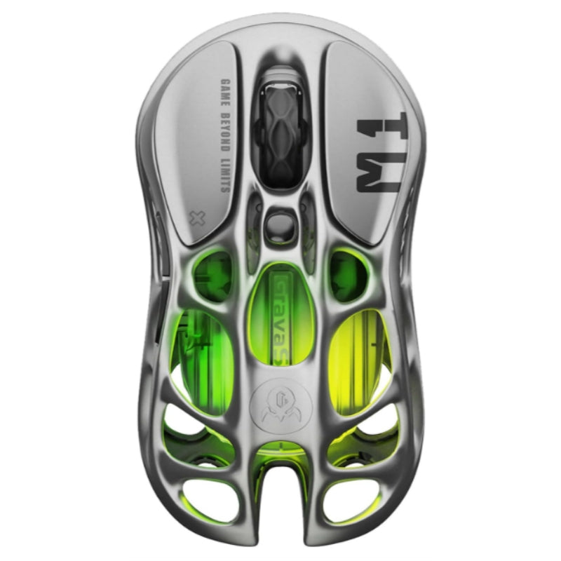 Souris gaming sans fil GravaStar Mercury M1 Pro, Souris gaming super légère 4 kHz en alliage de magnésium, 26000 DPI, Capteur PAW3395, 5 boutons programmables, RGB, Souris gaming design creux - Gunmetal