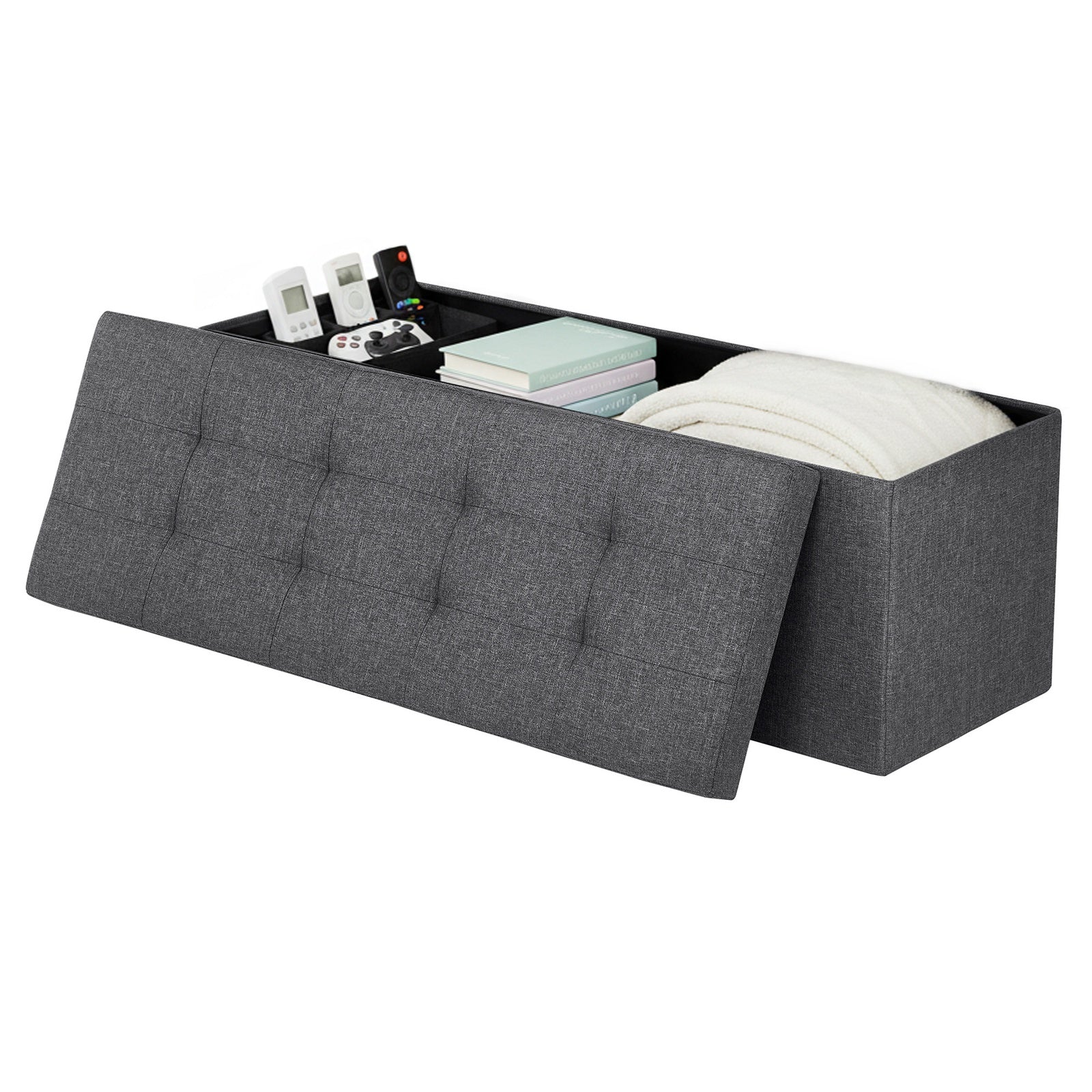 JOYFURNOS Banc de rangement pliable avec couvercle – Gris Ardoise, 38 x 110 x 38 cm, bo?te de rangement, supporte jusqu'à 300 kg – idéal pour l'entrée, le salon ou la chambre
