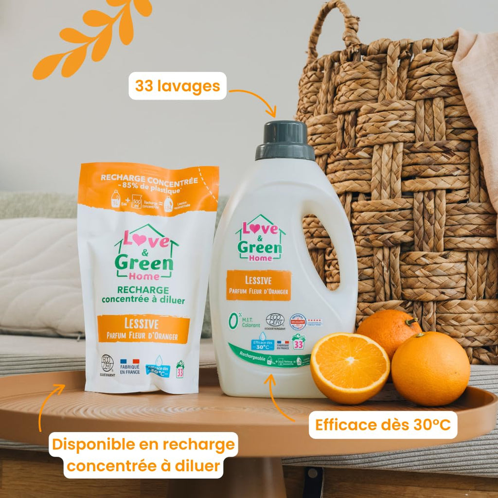 Love&Green Home Lessive rechargeable parfumée Fleur d'orange - 1,5L