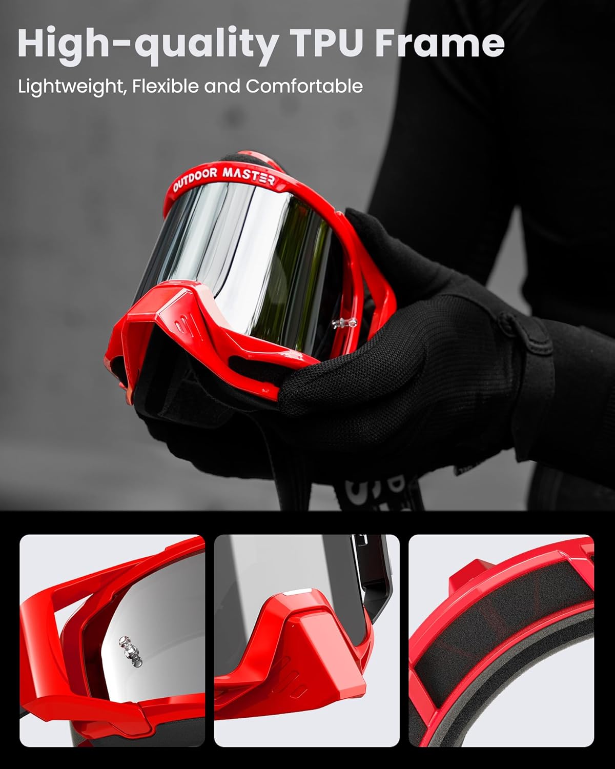OutdoorMaster Mustang Lunettes OTG pour moto cross, pour hommes, femmes et adolescents, monture rouge, lentilles grises avec finition argent