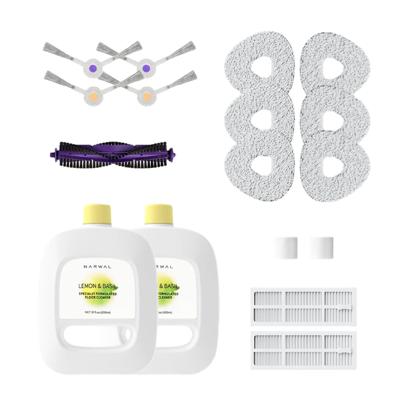 Narwal Freo Pack d'Accessoires : Nettoyant pour Sol, Patins de Serpillière, Brosses Latérales, Brosse Principale et Filtres HEPA