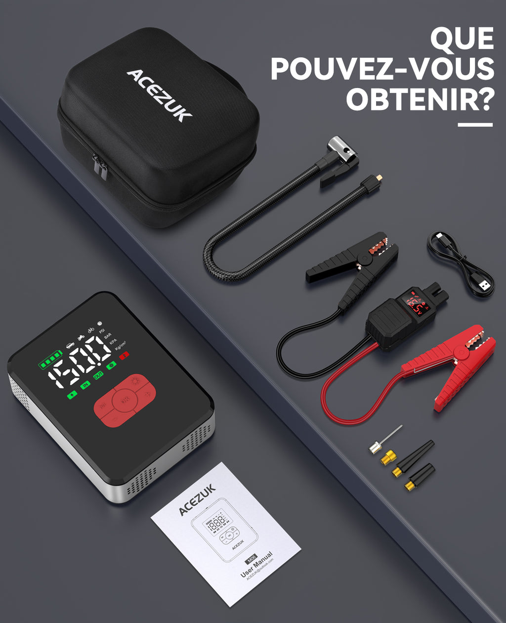 ACEZUK M06 Booster de batterie 7000 A avec batterie externe, pour voitures tout essence et diesel 12 L, avec compresseur d’air 150 PSI, 12 V, câbles de démarrage et éclairage LED