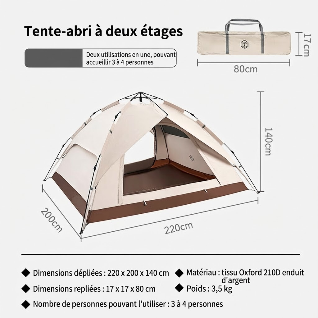Ochama x J.ZAO Tente double couche - Matériel extérieur de randonnée et camping - Tente dôme - Déploiement automatique - Couleur fromage 3-4 personnes, Beige