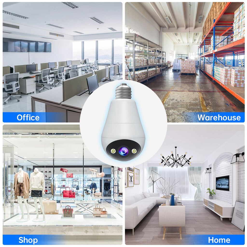 JOOAN E27 Caméra de surveillance Ampoule, sans fil, Intérieur/Extérieur, Pan/Tilt 360°, Vision nocturne couleur, Lampe LED et projecteur, Wi-Fi 2,4 GHz