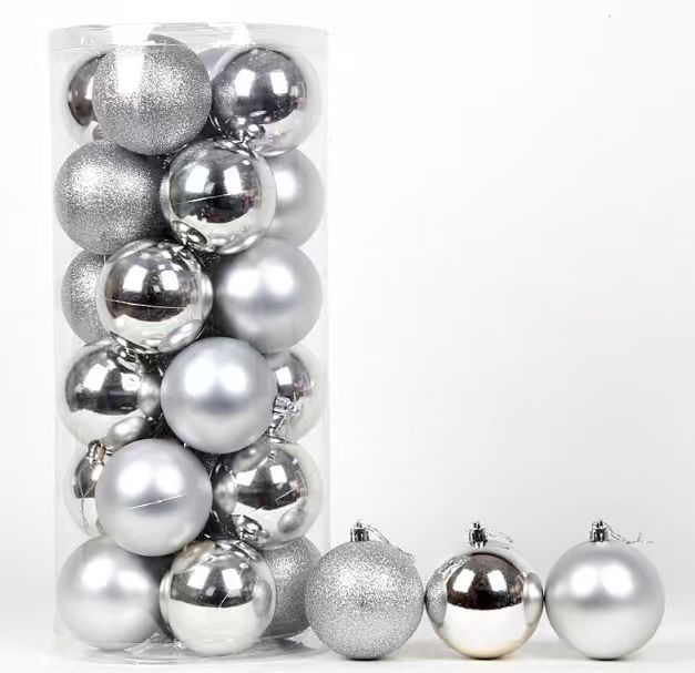 Ju7cer 24 boules de Noël incassables, 6 cm/2,36 pouces, guirlande prête à suspendre pour sapin de Noël, convient pour Noël/Halloween/mariage/anniversaire, argenté