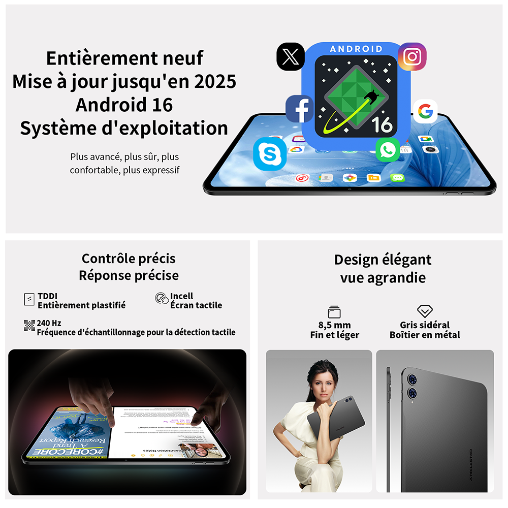 Teclast T65 : écran 13,4" 120 Hz, Android 16, processeur 2,2 GHz, 26 Go RAM (6+20 Go virt.) + 128 Go, double SIM 4G + Wi-Fi 5G, Widevine L1, 13 MP, BT5.0, GPS, housse incluse.