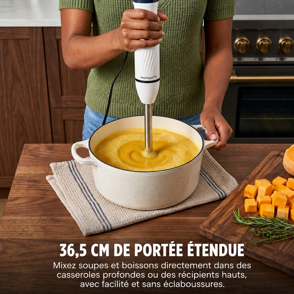 monsga Mixeur plongeant et fouet 2-en-1 S100, Mixeur plongeant ergonomique avec modes normal/turbo, Protection anti-éclaboussures et protection des casseroles, Hachoir 500 ml