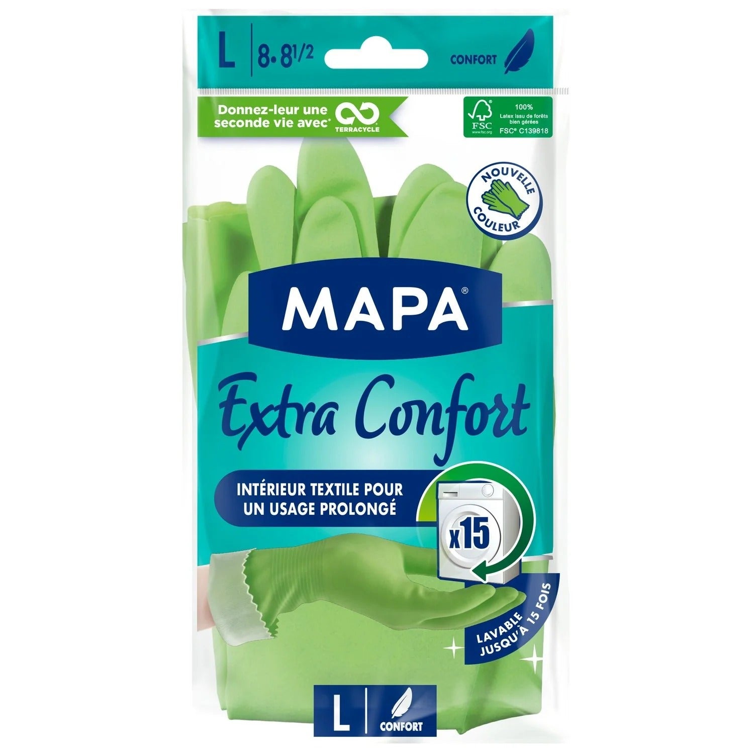 MAPA Gants de ménage latex naturel doublés coton réutilisables Taille L (8-8.5)