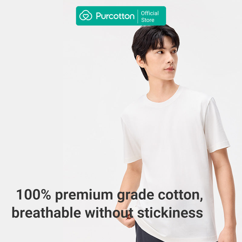 Purcotton T-shirt à Col Rond Antibactérien pour Homme - Antibactérien & Doux pour la Peau - Polyvalent & Basique - Commutation Quotidienne - Blanc - 180/100A