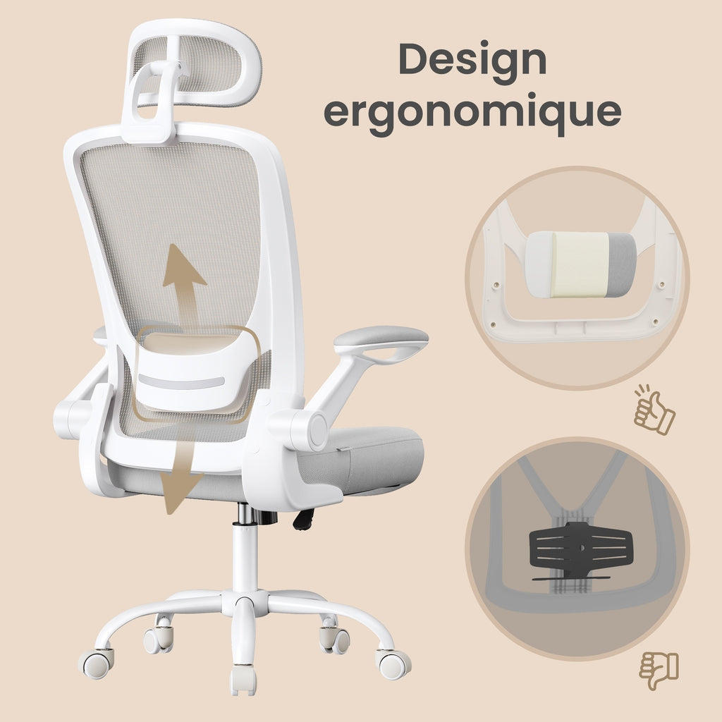 JOYFURNOS Chaise de bureau pivotante ergonomique avec soutien lombaire, appuie-tête, accoudoirs relevables, fonction d'inclinaison - Gris