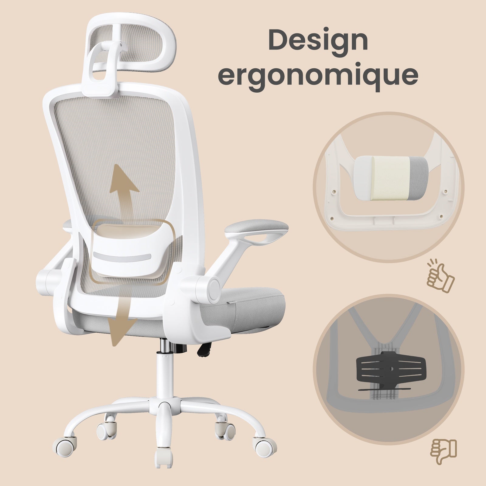 JOYFURNOS Chaise de bureau pivotante ergonomique avec soutien lombaire, appuie-tête, accoudoirs relevables, fonction d'inclinaison - Gris