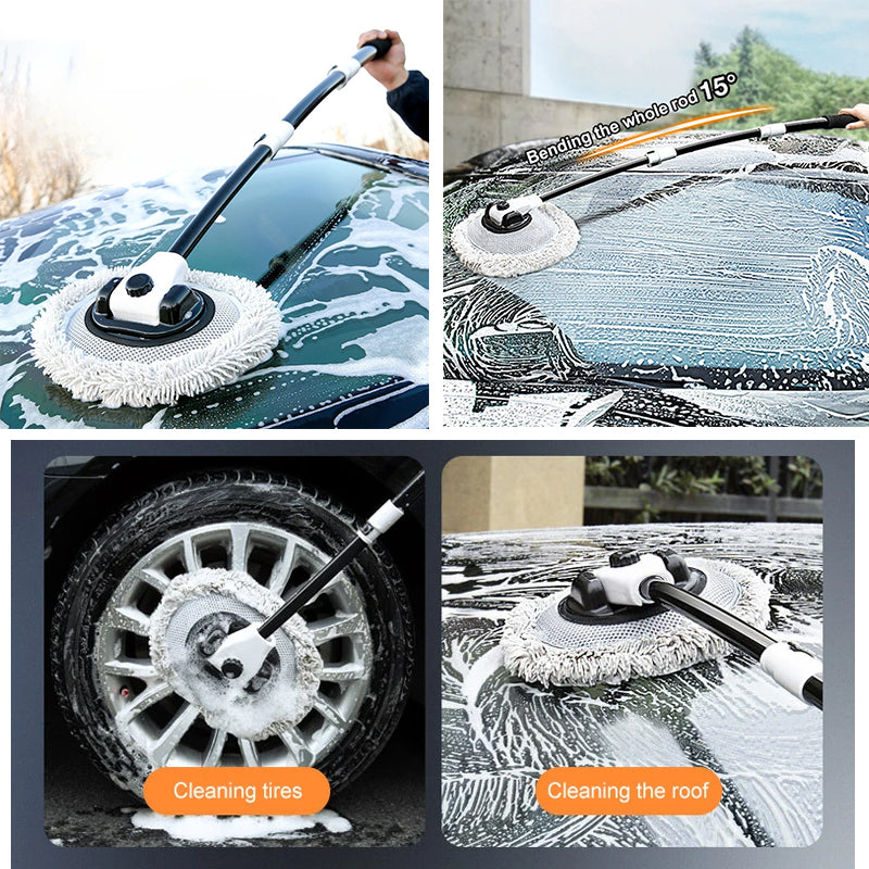Balai de lavage auto en chenille noir et blanc Hello leiboo : manche ergonomique coudé à 15°, manche télescopique en aluminium, brosse douce anti-rayures, tête amovible, angle réglable pour un nettoyage facile ; un accessoire pratique pour un lavage 