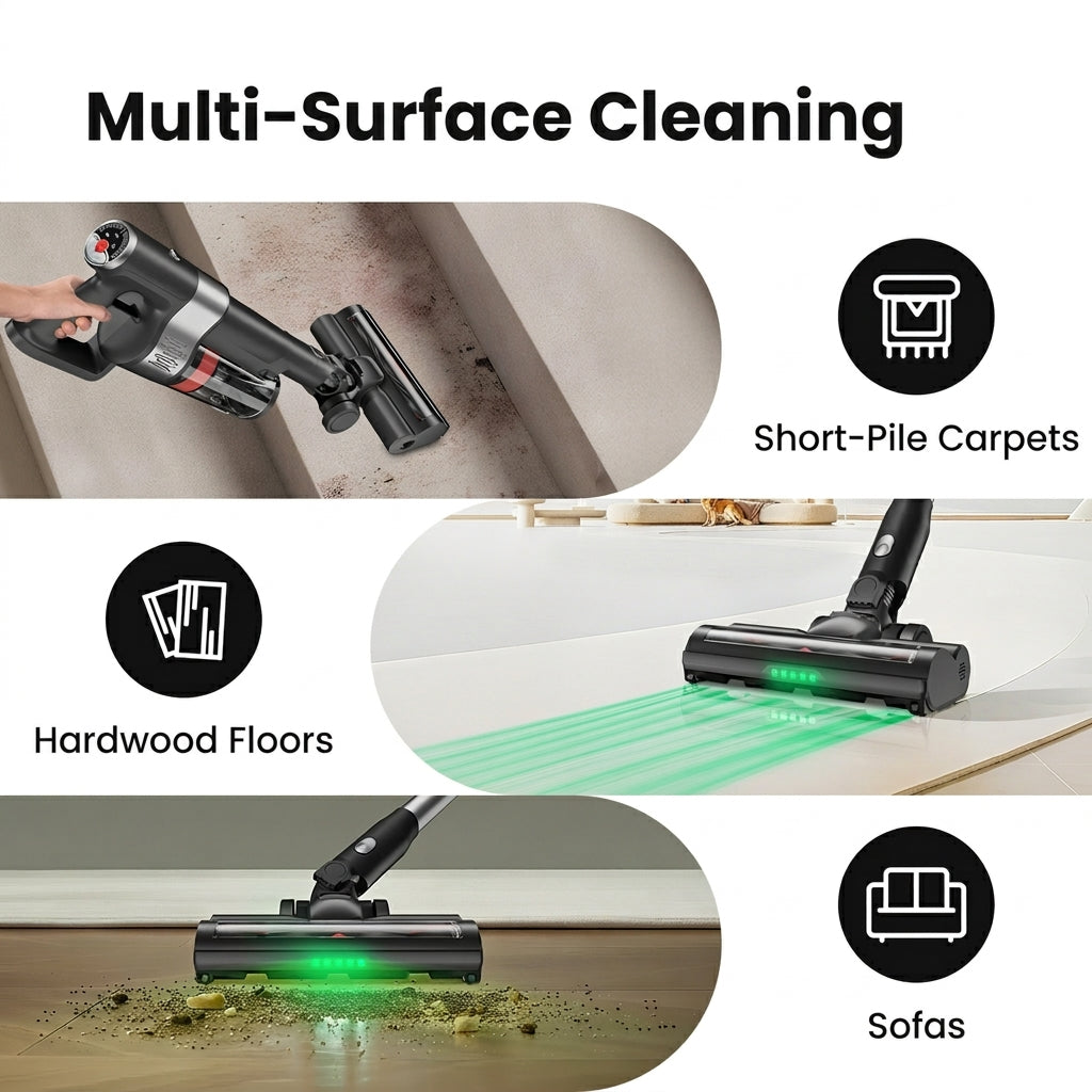 ochama Aspirateur Balai sans Fil, 350 W, Aspiration Puissante 28 kPa, Station d’Auto-Nettoyage, 35 min d’Autonomie, Inclinaison à 180°, Éclairage LED Vert, Filtration à 5 Couches, pour Poils d’Animaux, Tapis et Sols Durs