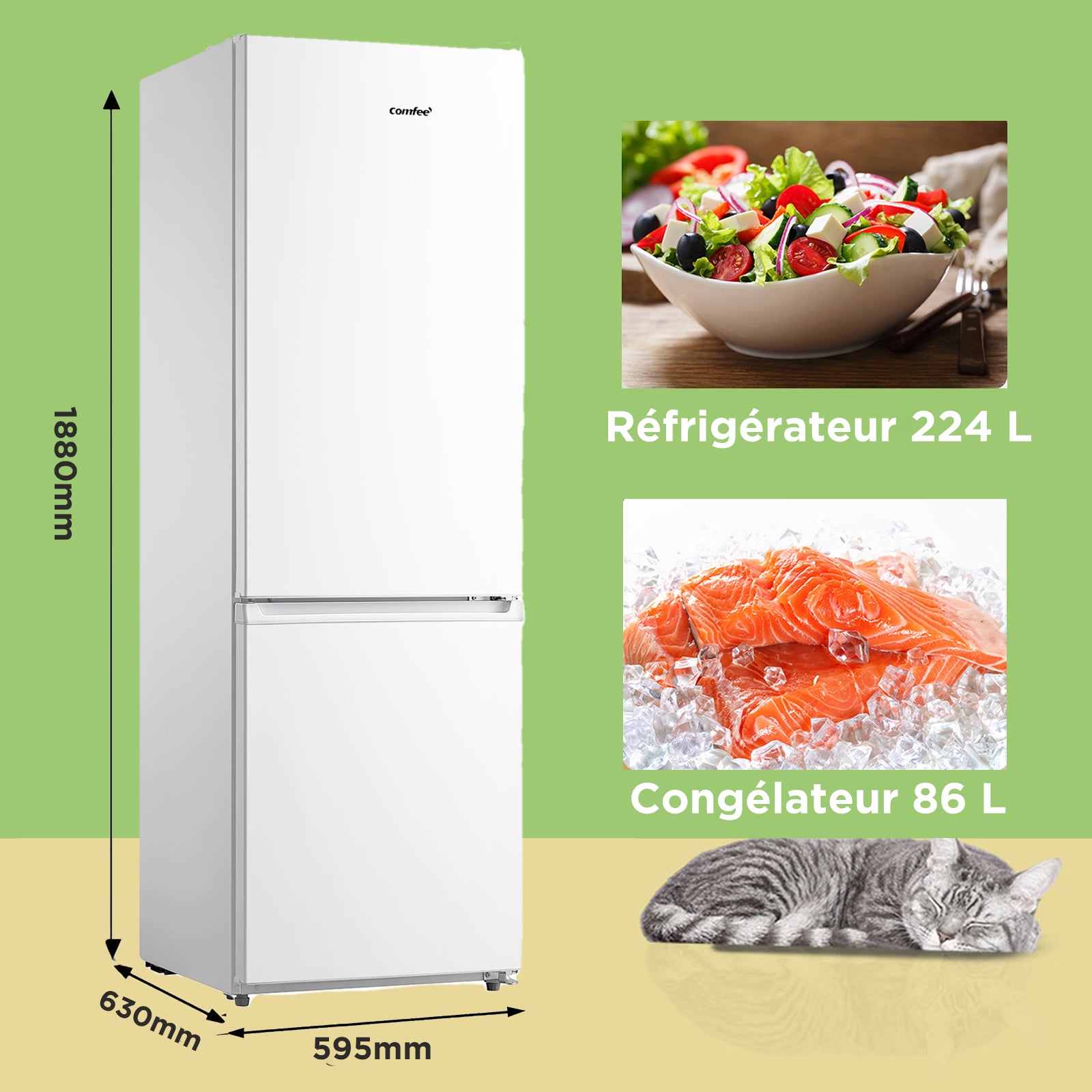 Combiné réfrigérateur/congélateur Comfee by Midea 188 cm classe E NoFrost, éclairage LED, 224 L réfrigération + 86 L congélation, fonction Super Réfrigération RCB310WH2EU(E)