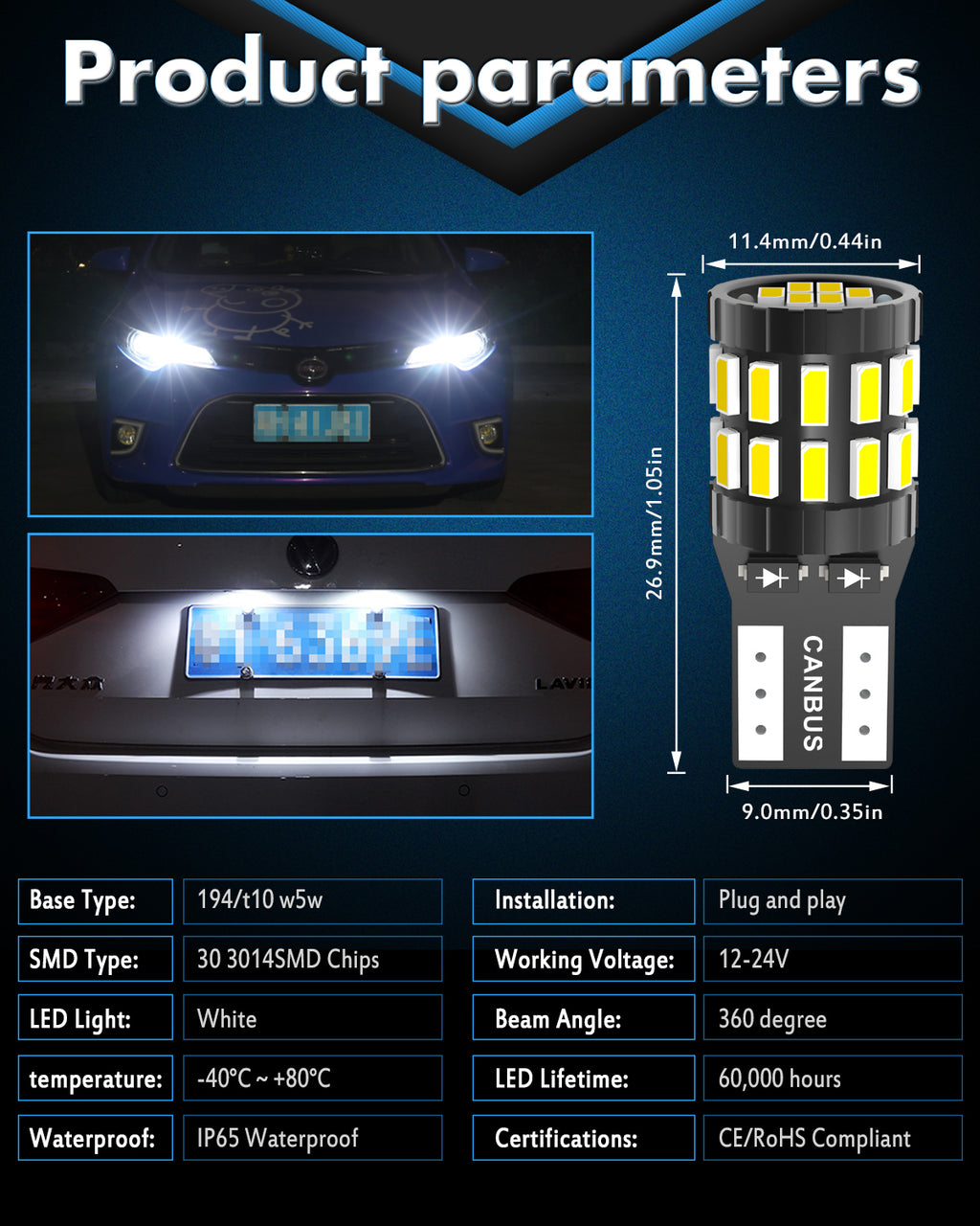Katur 194 T10 W5W 501 168 Ampoule LED ultra lumineuse 6000 K blanc xénon 12-24 V compatible bus CAN sans erreur, ampoule LED de remplacement pour plafonnier, liseuse