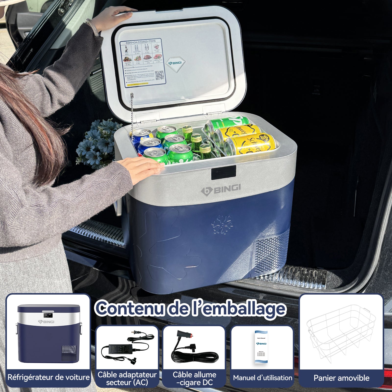 BINGI 22L Réfrigérateur Portable à Compresseur, Congélateur 12/24V DC pour Voiture avec Refroidissement Rapide, Mini Glacière Électrique pour Camion Camping Caravane Pique-nique Maison - Bleu