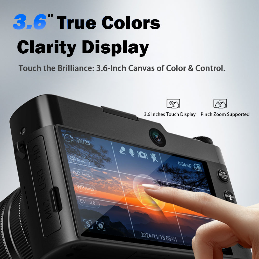 Songdian Appareil photo numérique avec objectif zoom optique 8X, Appareil photo double objectif 5K 64MP, Vision nocturne couleur pour étudiants adolescents débutants, Noir