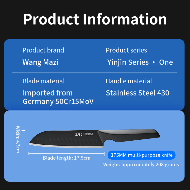 Wangmazi Couteau Santoku allemand 50Cr15MoV polyvalent pour trancher, couper en dés et hacher, avec manche en acier inoxydable 430