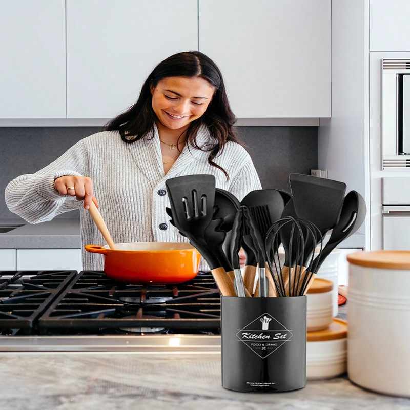 MEOKY Ensemble de 12 ustensiles de cuisine en silicone avec petit porte-objets - Noir