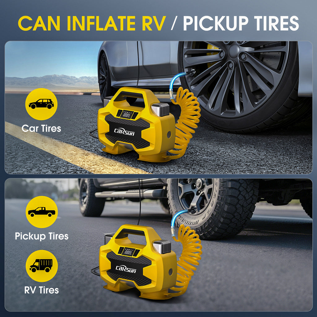 Carsun Pompe à air puissante double 30 cylindres Compacte, portable et efficace – Idéale pour gonflage rapide des pneus de SUV et camping-cars