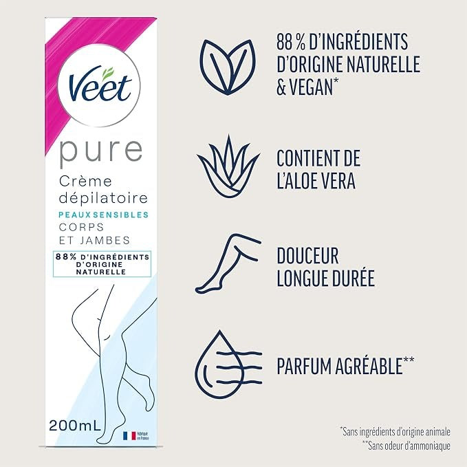 Veet Crème Dépilatoire Pure Corps & Jambes Peau Sensible 200 ml
