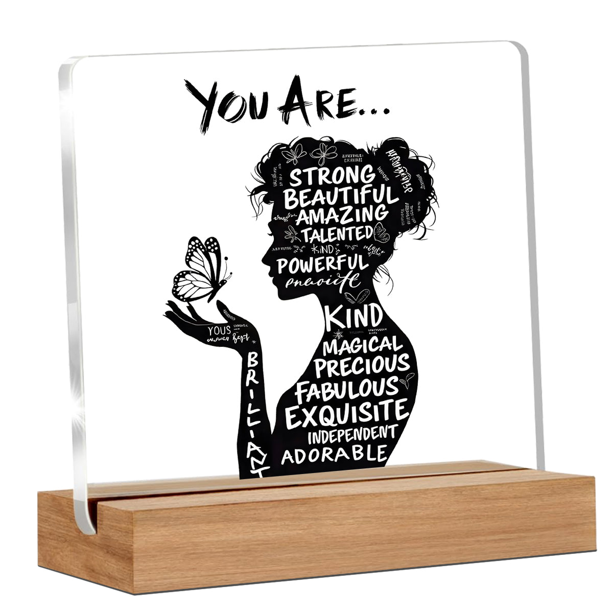Alphynix 1 pc "YOU ARE..." plaque en acrylique, support sur socle en bois avec silhouette féminine portant un papillon, rempli d'affirmations positives (STRONG, BEAUTIFUL, MAGICAL)