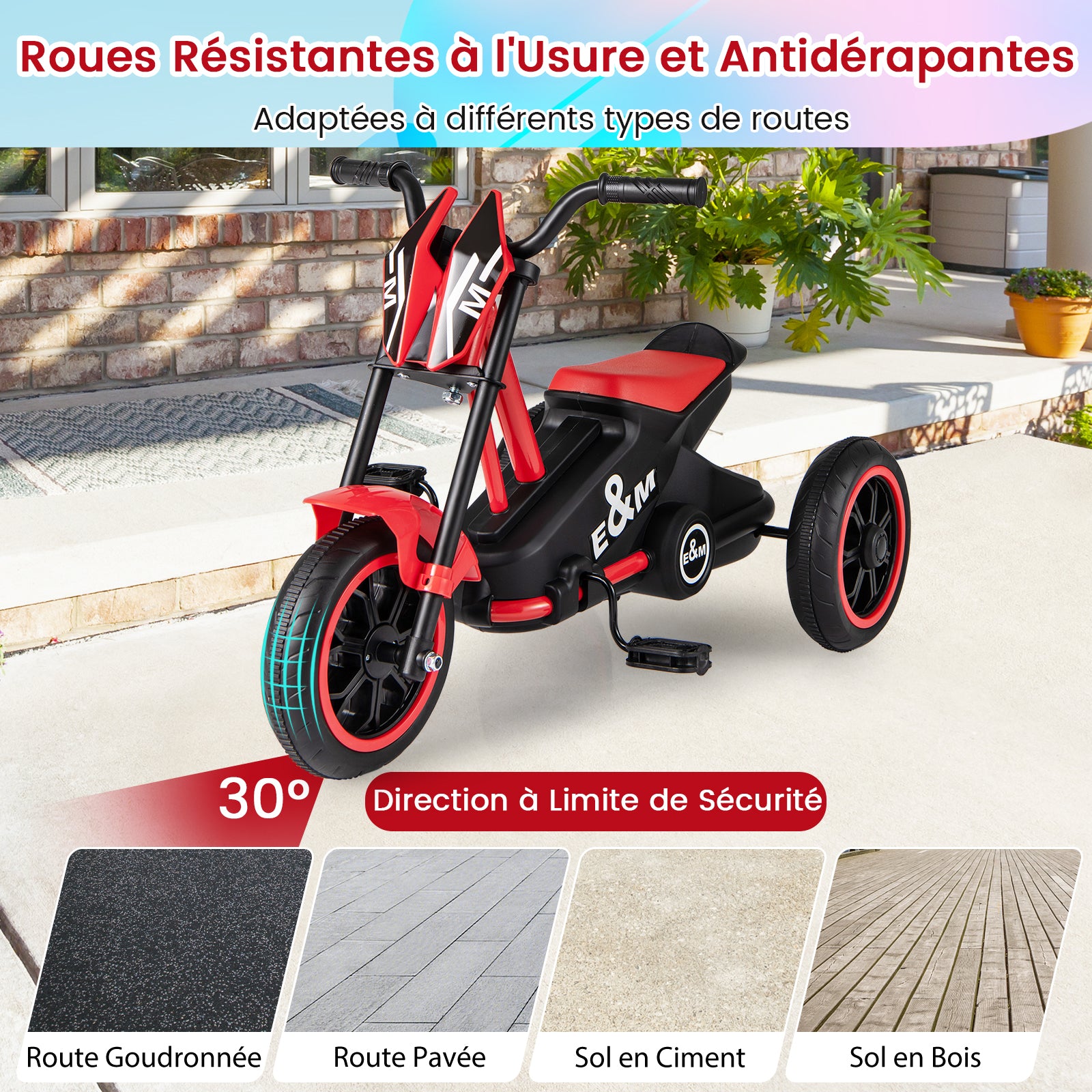 Costway Vélo enfant à trois roues avec pédales et guidon Rouge