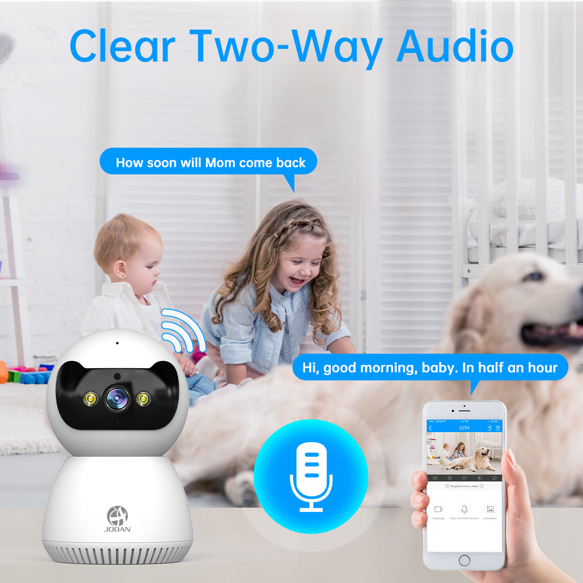 JOOAN Caméra de sécurité 2K Full HD avec vision nocturne en couleur, audio bidirectionnel, détection de mouvement, enregistrement de suivi, contrôle à distance via application mobile