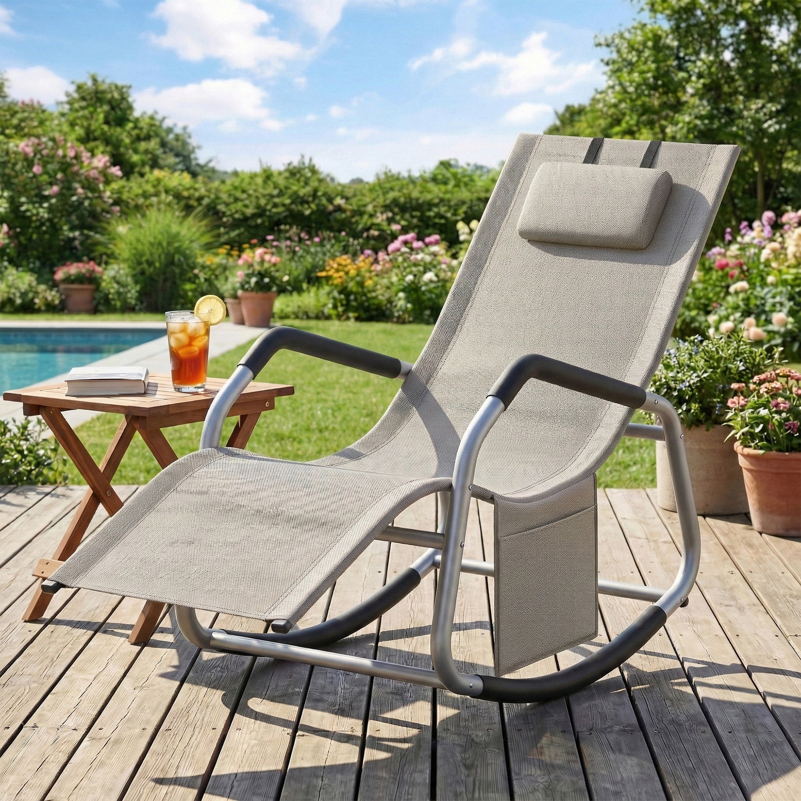 JOYFURNOS Chaise Relax de Jardin, Fauteuil à Bascule avec Poche, Cadre en Acier, Tissu Respirant, Gris Tourterelle