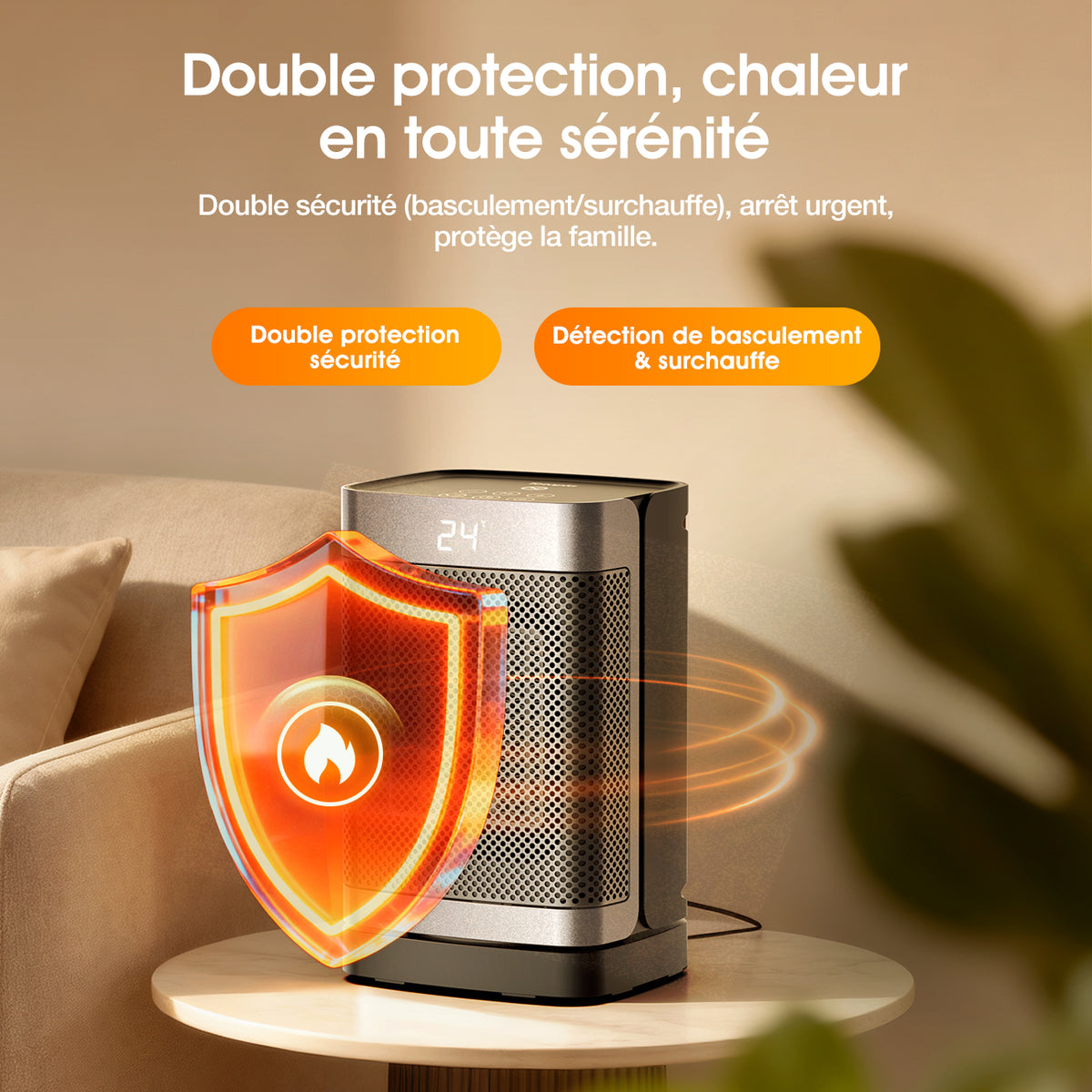 Totopia Chauffage électrique PTC 1500 W avec 2 modes de chauffage, Minuterie 12 h, Protection anti-basculement et anti-surchauffe, Chauffage d’appoint pour chambre, bureau