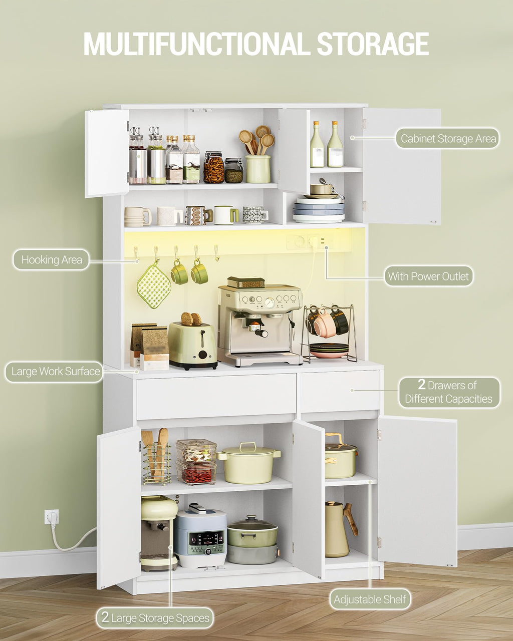 HaluPeit Meuble de cuisine, Buffet, Commode de cuisine avec prises et bandes lumineuses LED, avec plans de travail et 2 tiroirs, étagères réglables, cuisine, 40 x 100 x 180 cm, blanc
