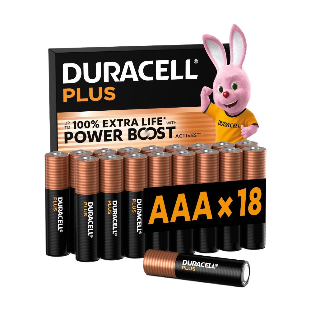 Duracell Plus Piles AAA (lot de 18) – Piles alcalines 1,5 V – Durent jusqu’à 100 % plus longtemps* grâce aux ingrédients POWER BOOST** – Fiables pour vos appareils du quotidien